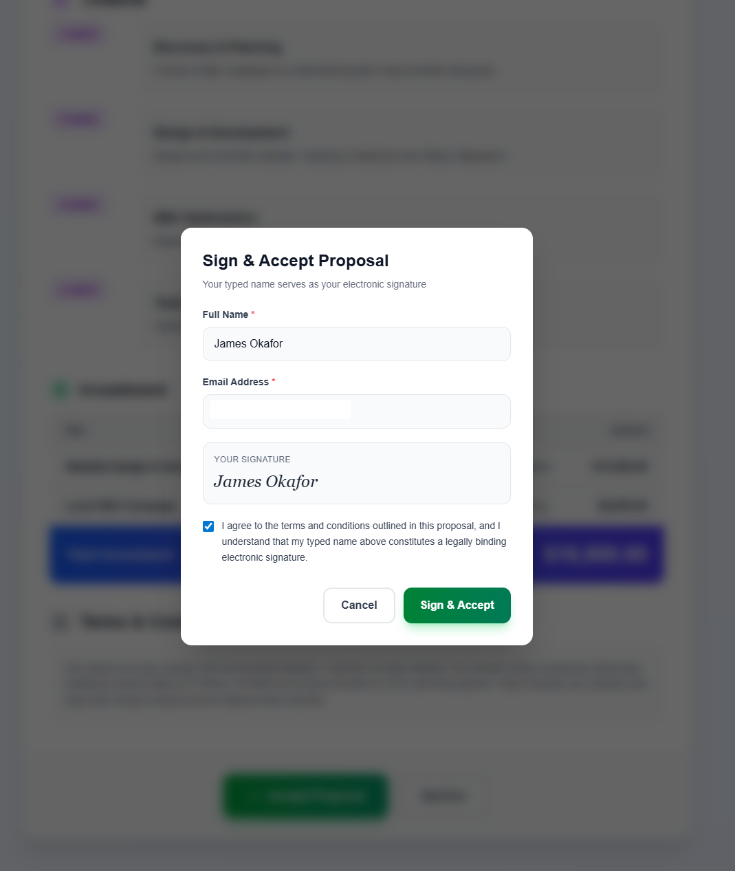 Client signing proposal with typed name as electronic signature