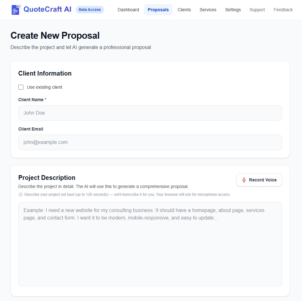 New proposal form with voice recording feature